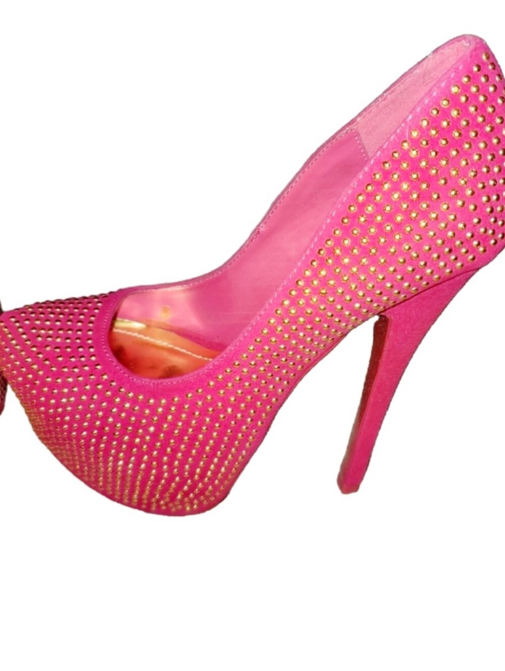 🔥 Suede Pink & Gold Studded Platform Stiletto Heels – Size 6